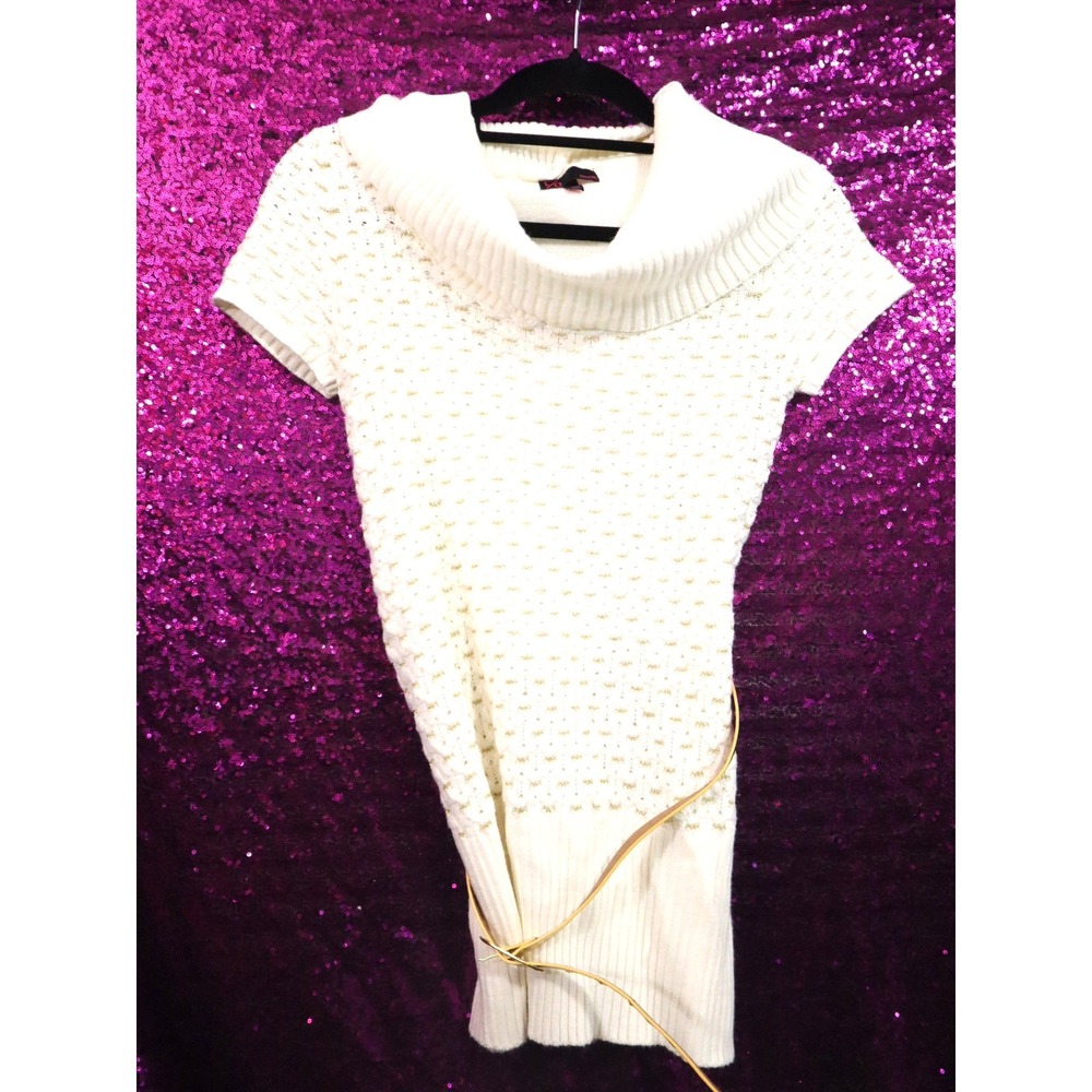 Cream Cowl Neck Sweater M t/o Juniors Gold Metallic Knit Belted Short Sleeve